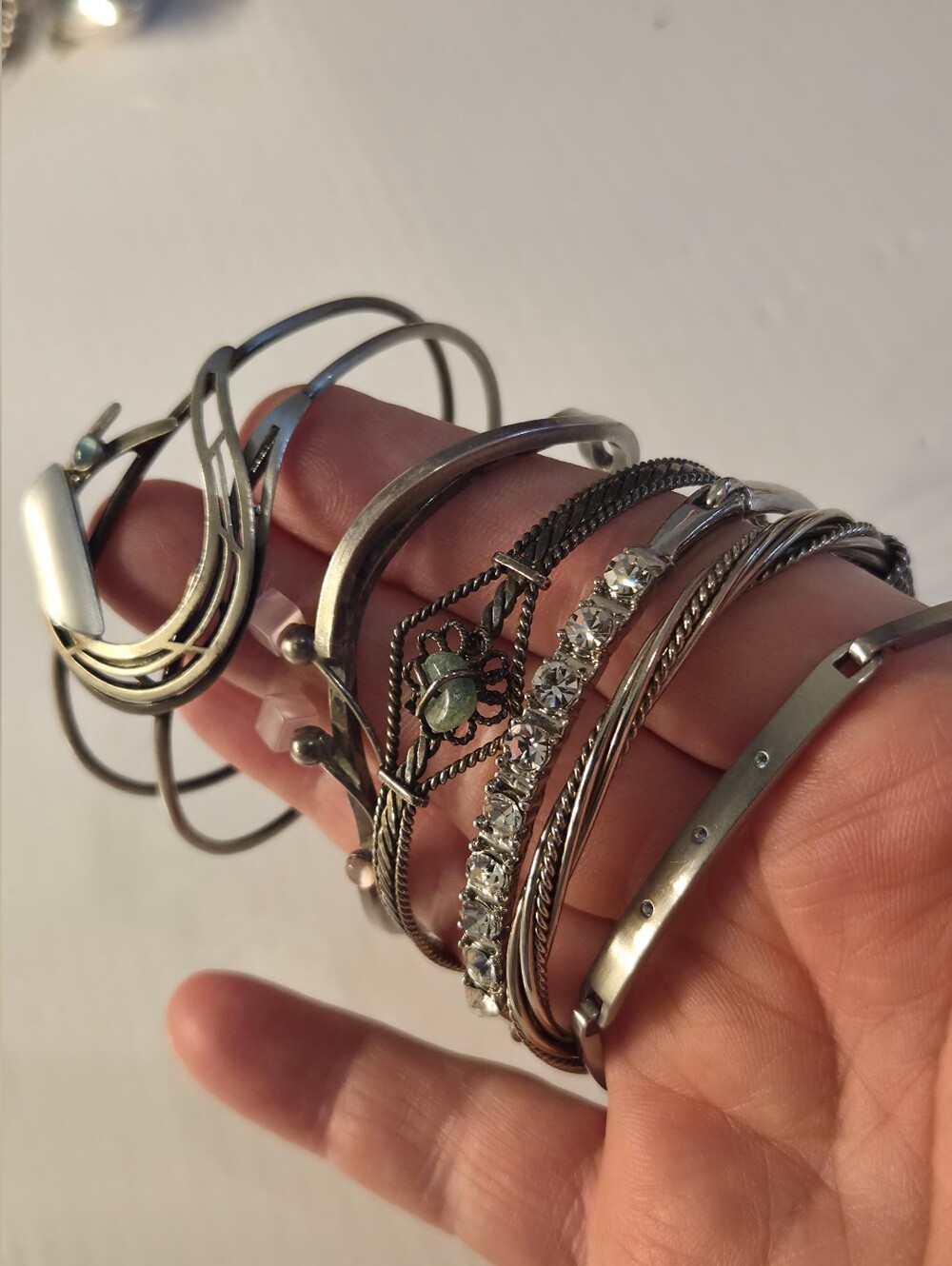 Silver-Tone Mixed Bangle Bracelet Set with Clear Crystal Accents
